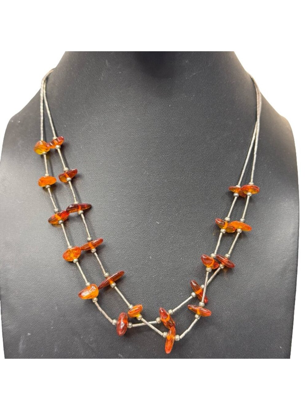 Vintage Navajo Sterling Silver Double Strand Necklace Amber Beads 17" Rising Sun